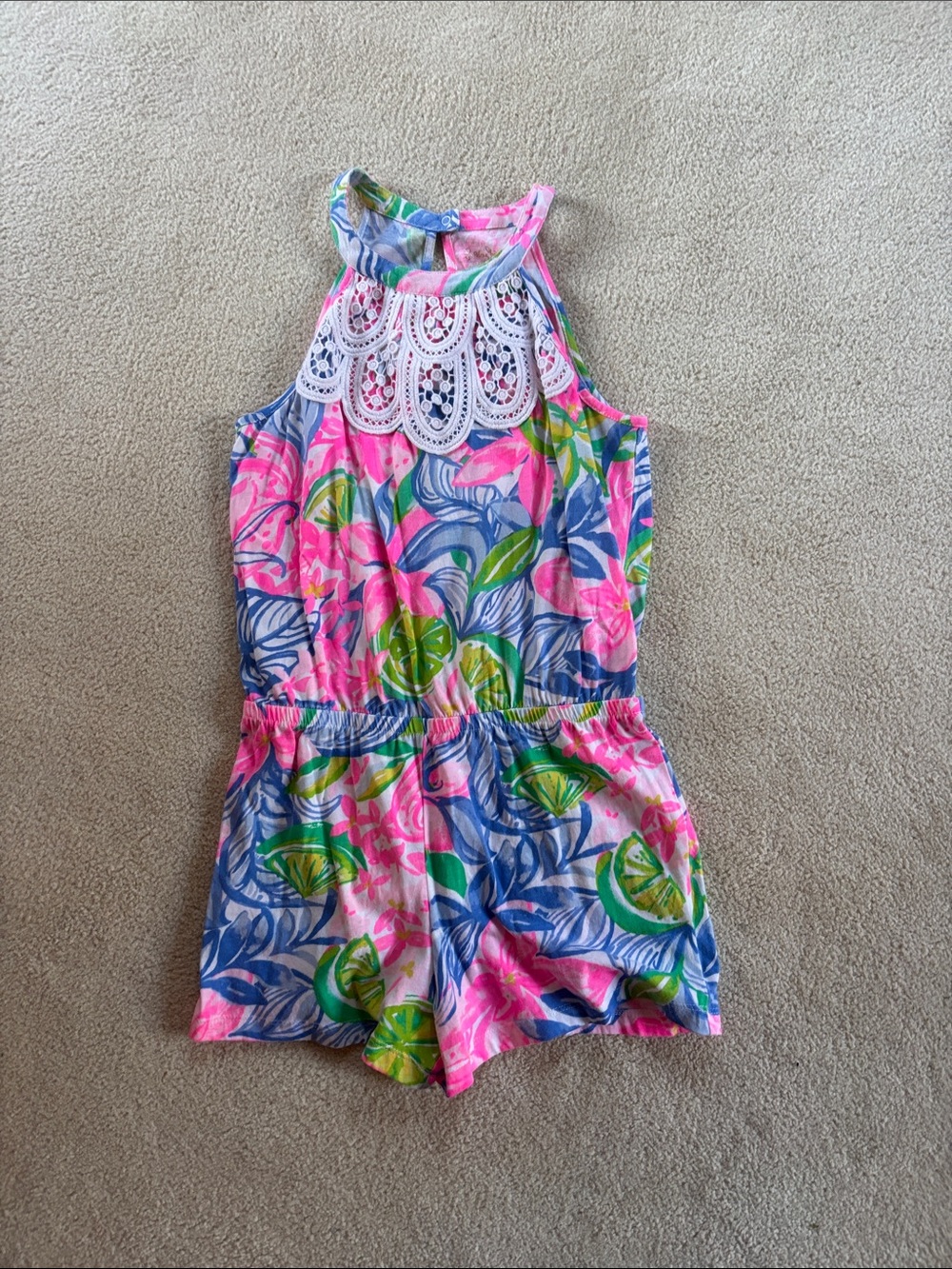 Lilly Pulitzer Pink, Blue & Green Floral Halter Romper with Lace Yoke